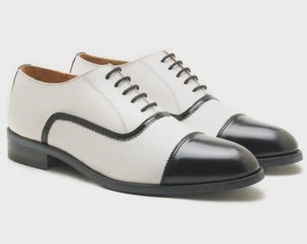 Vintage-Inspired Two-Tone Oxfords | Handmade Black And White Leather Formal Shoes for Men