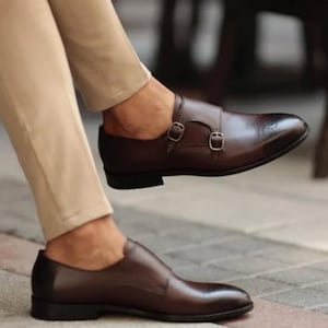 Handmade Burgundy Leather Double Monk Strap Shoes - Men&#39;s Business Footwear
