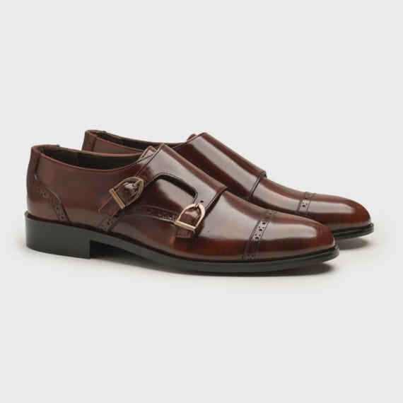 Handmade Brown Double Monk Strap Dress Shoes for Men, Luxury Leather Formal Shoes, Wedding Groom Footwear, Cap Toe Monk Shoes