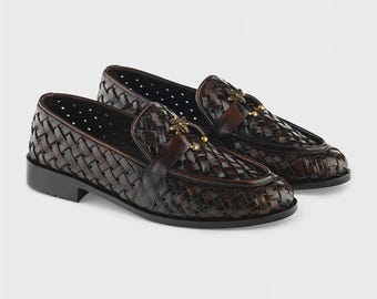 Handmade Brown Woven Leather  Loafers: Mens Formal Shoes