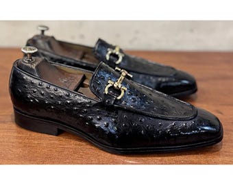 Luxury Black Ostrich Leather Penny Loafers | Exotic Skin Men's Dress Shoes | Handcrafted Slip-Ons