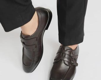 Handmade Men's Genuine Brown Leather Double Monk Strap Formal Dress Shoes Men