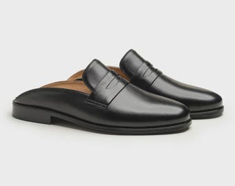 Handmade Black Leather Mule Loafers, Backless Slip On Dress Shoes