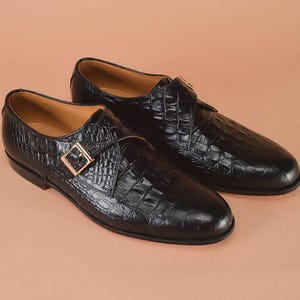 Handmade Black Alligator Crocodile Men Leather Single Monk Strap Dress Shoes image 5