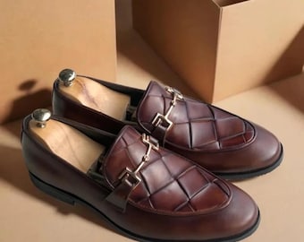 Brązowe skórzane mokasyny męskie typu horsebit | Ręcznie robione buty wizytowe w stylu włoskim