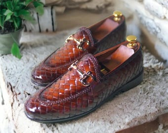 Handmade Brown Woven Leather Loafers for Men | Breathable Basket Weave Slip-On Dress Shoes
