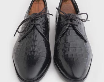 Handmade Black Alligator Texture Leather Shoes: Men's Formal Lace-Ups