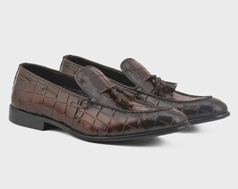 Men's Brown Crocodile Embossed Leather Tassel Loafers, Slip On Dress Shoes
