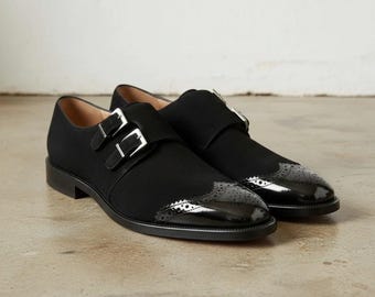 Black Double Monk Strap Shoes Handmade Formal Leather Dress Shoes Men