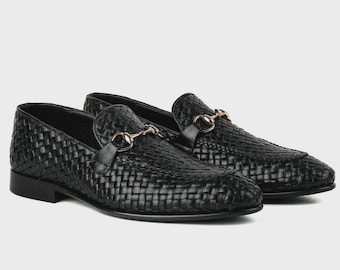 Black Woven Leather Loafers, Men's Horsebit Dress Shoes, Wedding Footwear