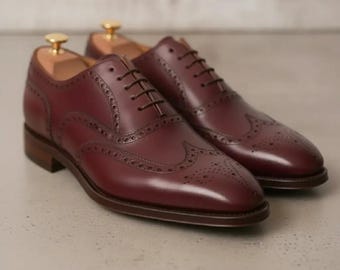 Burgundy Leather Oxford Brogue Shoes Handmade Mens Wingtip Dress Shoes Formal
