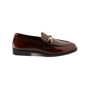 May include: A single brown leather loafer with a shiny finish. The shoe features a gold-colored metal buckle detail on the vamp and a black sole. The shoe is designed for formal or business attire.