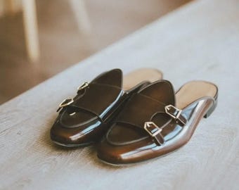 Handmade Leather Mule Loafers Double Buckle Slip On Dress Shoes for Men