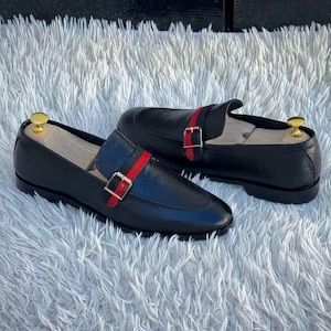 Handmade Mens black buckle leather moccasins, Men elegant dress shoes, shoe for men