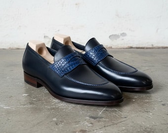 Men's Loafers, Navy Blue Leather Penny Loafers, Textured Dress Shoes, Formal Wedding Business Footwear