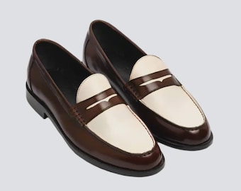Handgefertigte Zweifarbige Leder Slipper: Braun & Weisse Hochzeitsschuhe