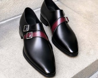 Zapatos de vestir de cuero negro para hombre con doble hebilla, puntera puntiaguda, ideales para bodas.