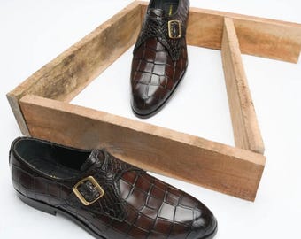 Handmade Brown Alligator Crocodile Men Leather Single Monk Strap Dress Shoes