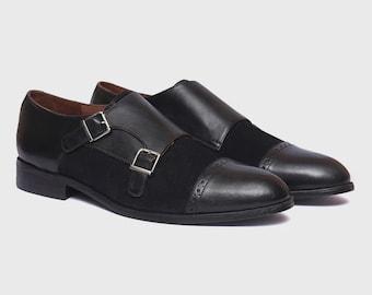 Handmade Black Leather Suede Double Monk Slip-On Shoes for Men Dress Shoes