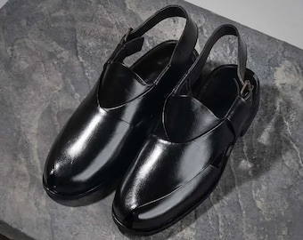 Handgemaakte zwarte leren Peshawari Chappal-sandalen voor heren