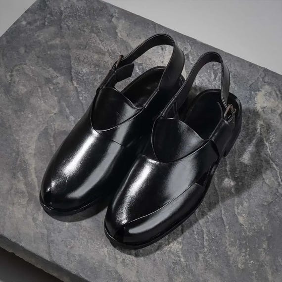 Handcrafted Black Leather Peshawari Chappal Sandals for Men