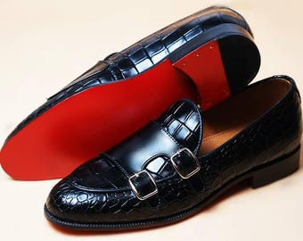 Handmade Crocodile Leather Double Monk Strap Shoes: Luxury Formal Wear