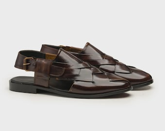 Handgjorda Peshawari Chappal i brunt läder | Lyxiga etniska sandaler för män | Traditionella bröllopsskor