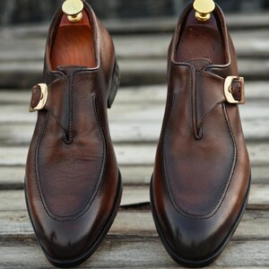 Handmade Brown Leather Monk Strap Shoes: Bespoke Men's Footwear