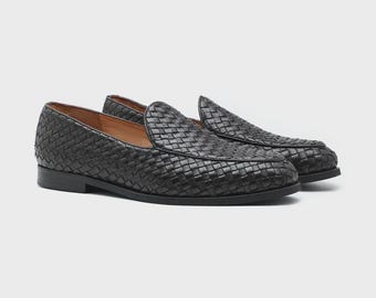 Men's Black Woven Leather Loafers – Handmade Slip-On Dress Shoes