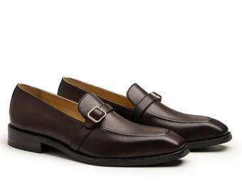 Handmade Leather Dress Shoes, Men's Monk Strap Loafers, Dark Brown