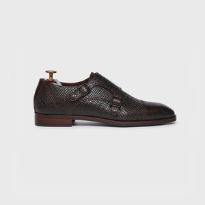Handmade brown double monk strap shoes for men featuring snake embossed leather texture, cap toe design, dual buckle closure, leather lining and sole, luxury formal footwear ideal for weddings, business attire, office wear, and special occasions.