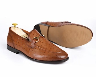 Handmade Brown Ostrich Leather Loafers: Men's Slip-On Shoes