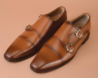 Handmade Men’s Tan Leather Double Monk Strap Shoes – Formal, Wedding & Office Dress Footwear