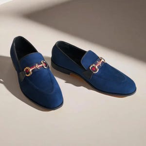 Handmade Blue Suede Horsebit Loafers | Luxury Slip-On Dress Shoes for Men | Formal & Casual Footwear|  Blue Suede Leather Loafer Shoes