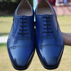 Men’s Handmade Blue Leather Oxford Dress Shoes – Elegant & Durable