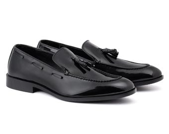Men's Black Patent Leather Tassel Loafers, Handmade Glossy Dress Shoe