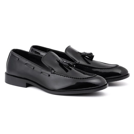 Men's Black Patent Leather Tassel Loafers, Handmade Glossy Dress Shoe