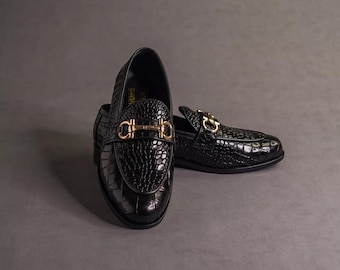 Handmade Crocodile Texture Penny Loafers: Men's Black Leather Dress Shoes