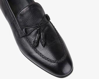 Handmade Black Leather Tassel Loafers for Men, Formal Slip-On Wedding Shoes