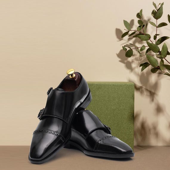 Handmade Black Double Monk Strap Shoes for Men, Luxury Leather Dress Shoes, Wedding Groom Footwear, Formal Business Shoes, Designer Monk
