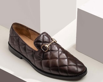Handmade Quilted Leather Horsebit Loafers, Men's Brown Dress Shoes