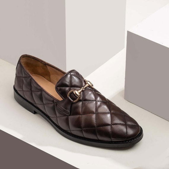 Handmade Quilted Leather Horsebit Loafers, Men's Brown Dress Shoes