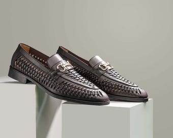 Mocassini in pelle intrecciata fatti a mano, scarpe eleganti da uomo nere, calzature slip-on per matrimoni.