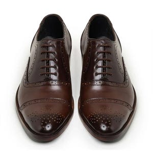 Custom Made Handmade Shoes Made To Order Shoes Premium Quality Genuine Brown Leather Toe Cap Wingtip Oxford Stylish Mens Formal Dress Shoes