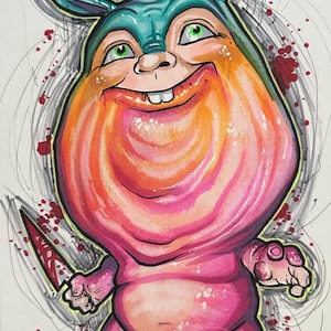 Peut inclure: Une illustration de dessin animé d'une créature rose, orange et bleue tenant un couteau. La créature a une grosse tête et un large sourire. L'arrière-plan est un papier blanc avec des lignes noires et grises.