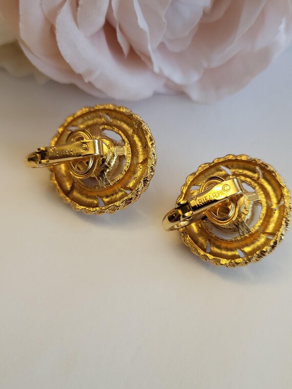 Vintage Earrings Signed Crown Trifari Twisted Rope Coil Silky Faux Pearl Studs Textured Goldtone Clip-On Collectible Jewelry Gift 1" View 6