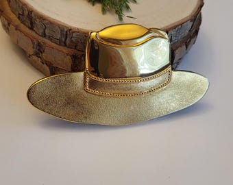 Vintage Large Cowboy Western Fedora Hat Brooch Pin Lapel Rodeo Shoulder  Shiny Polished Brushed Textured Goldtone Costume Jewelry Gift 3"