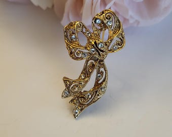 Vintage Brooch Pin Lapel Victorian Art Deco Revival 1928 Bow Ribbon Filigree Metalwork Sparkle Crystal Shoulder Goldtone Costume Jewelry