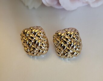 Vintage Monet Signed Basket Weave Stud Earrings Dome Braided Mid-Century Tension Clip-On Goldplated Costume Collectible Jewelry Gift 1"