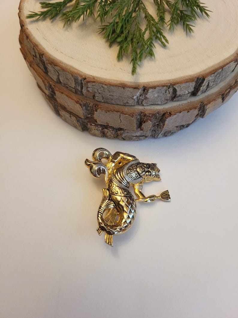 May include: A gold-coloured metal brooch depicting a mythical creature, possibly a seahorse or dragon. The brooch features detailed craftsmanship, with gold and silver tones. The creature is shown with a flowing tail and an outstretched arm.